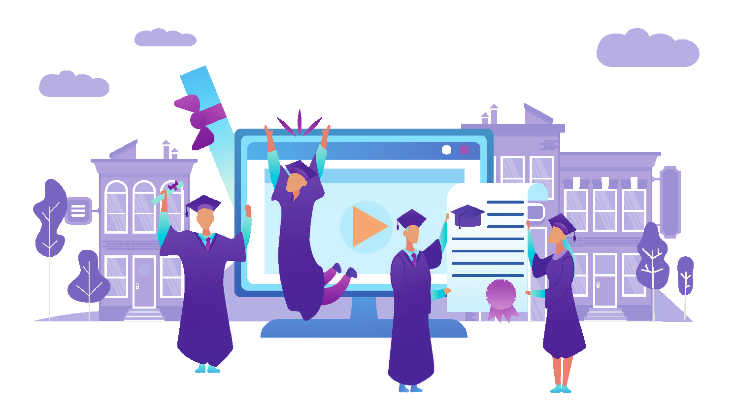 Vector image of students celebrating  graduation, depicted with joyful expressions.